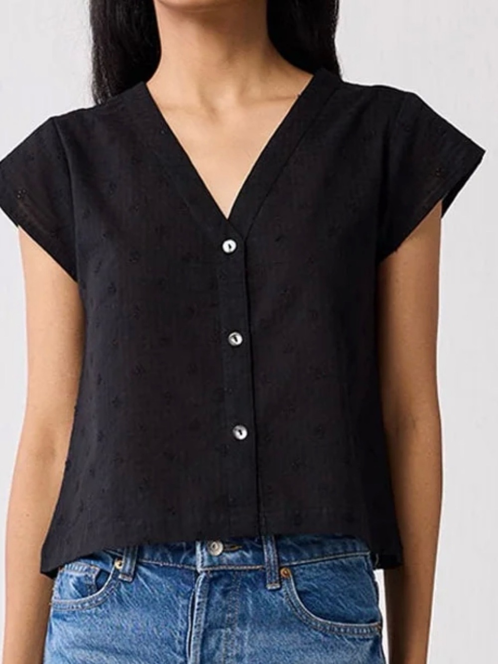 Black V-Neck Button Front Cap Sleeve Blouse